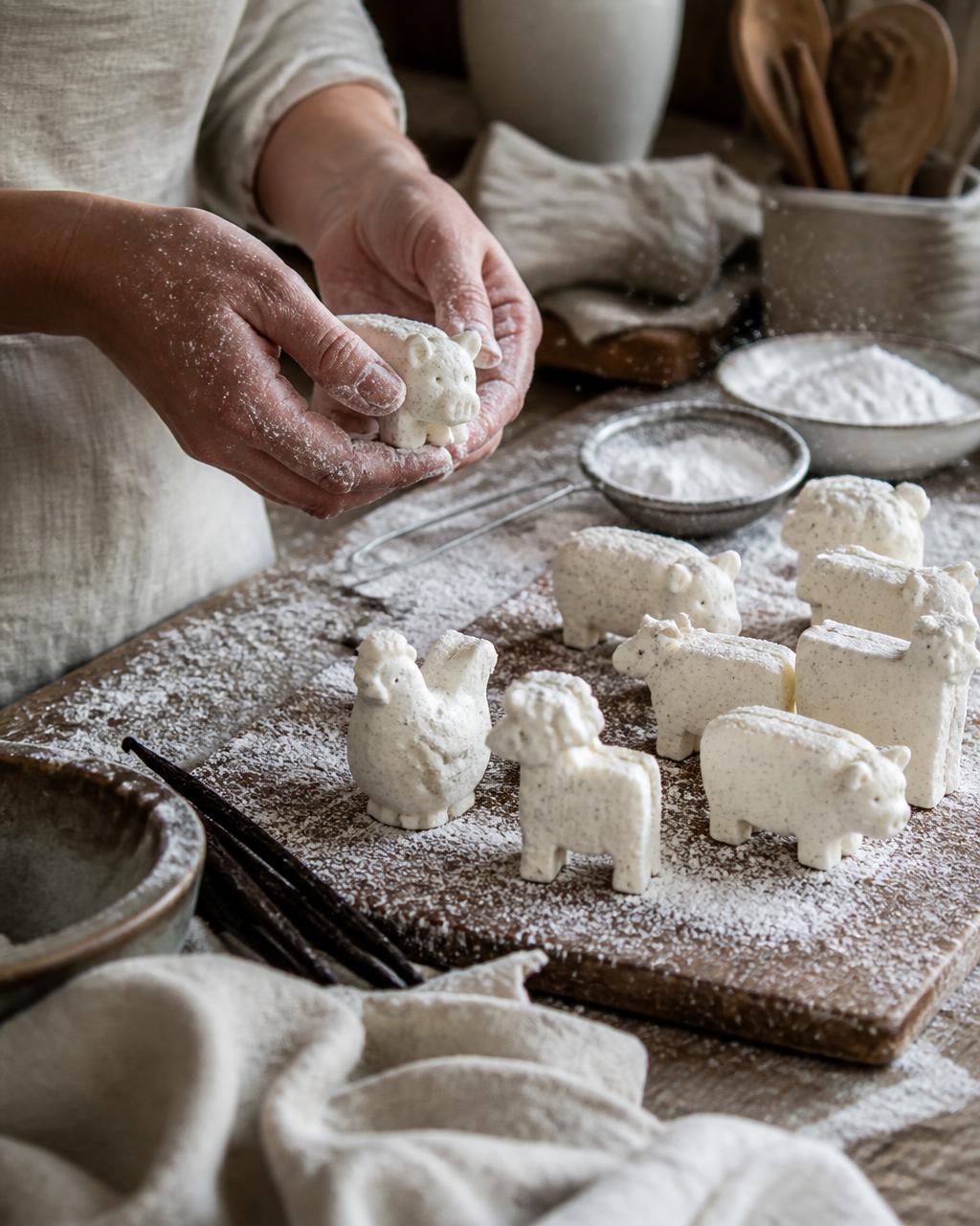 Handmade vanilla bean marshmallows shaped like farm animals on a wooden board