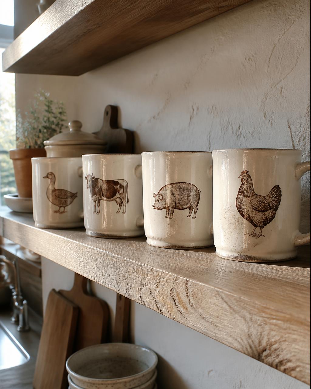 Row of cream farmhouse mugs with farm animal illustrations on a wooden shelf
