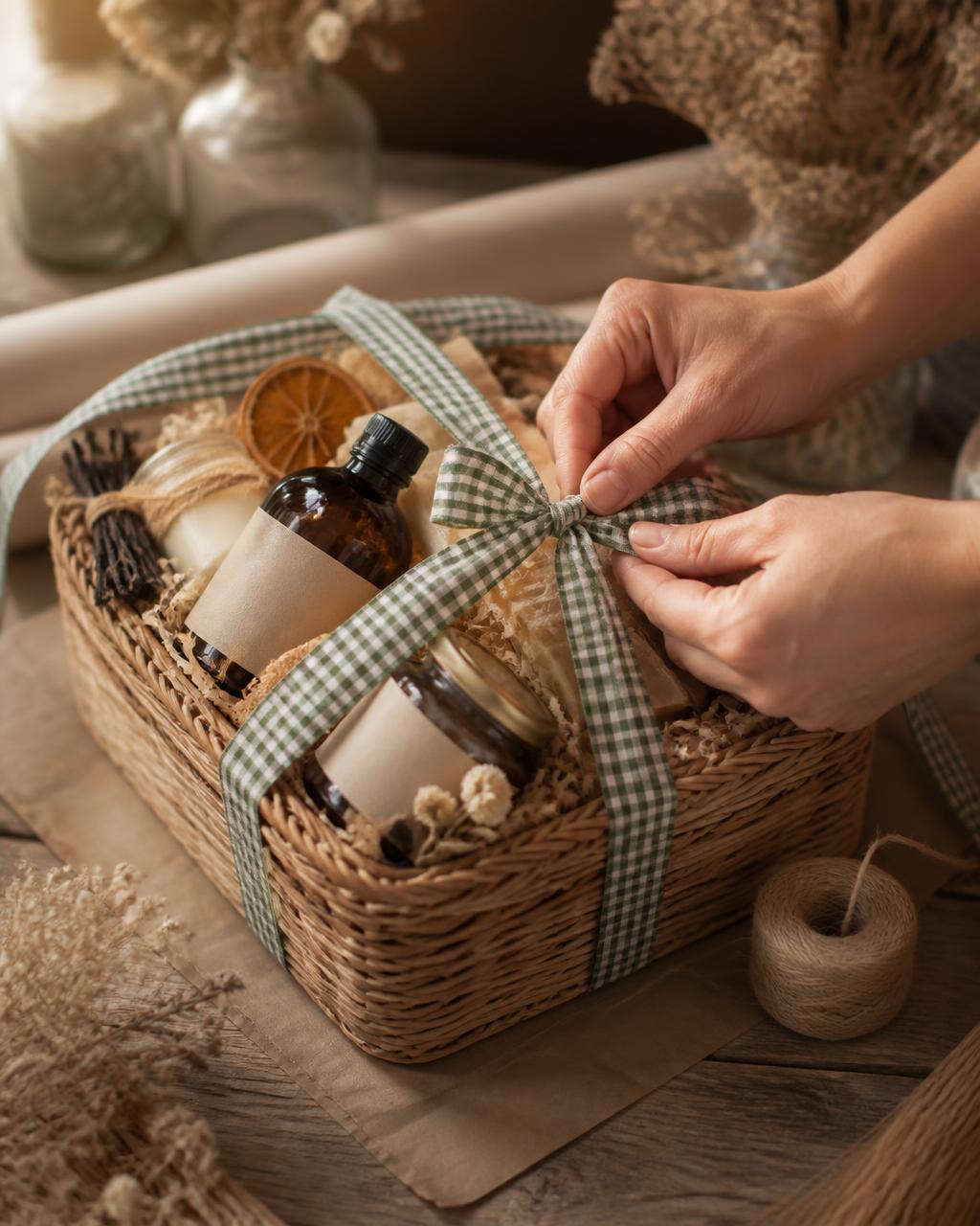 Hands tying green gingham ribbon around a rustic vanilla gift basket