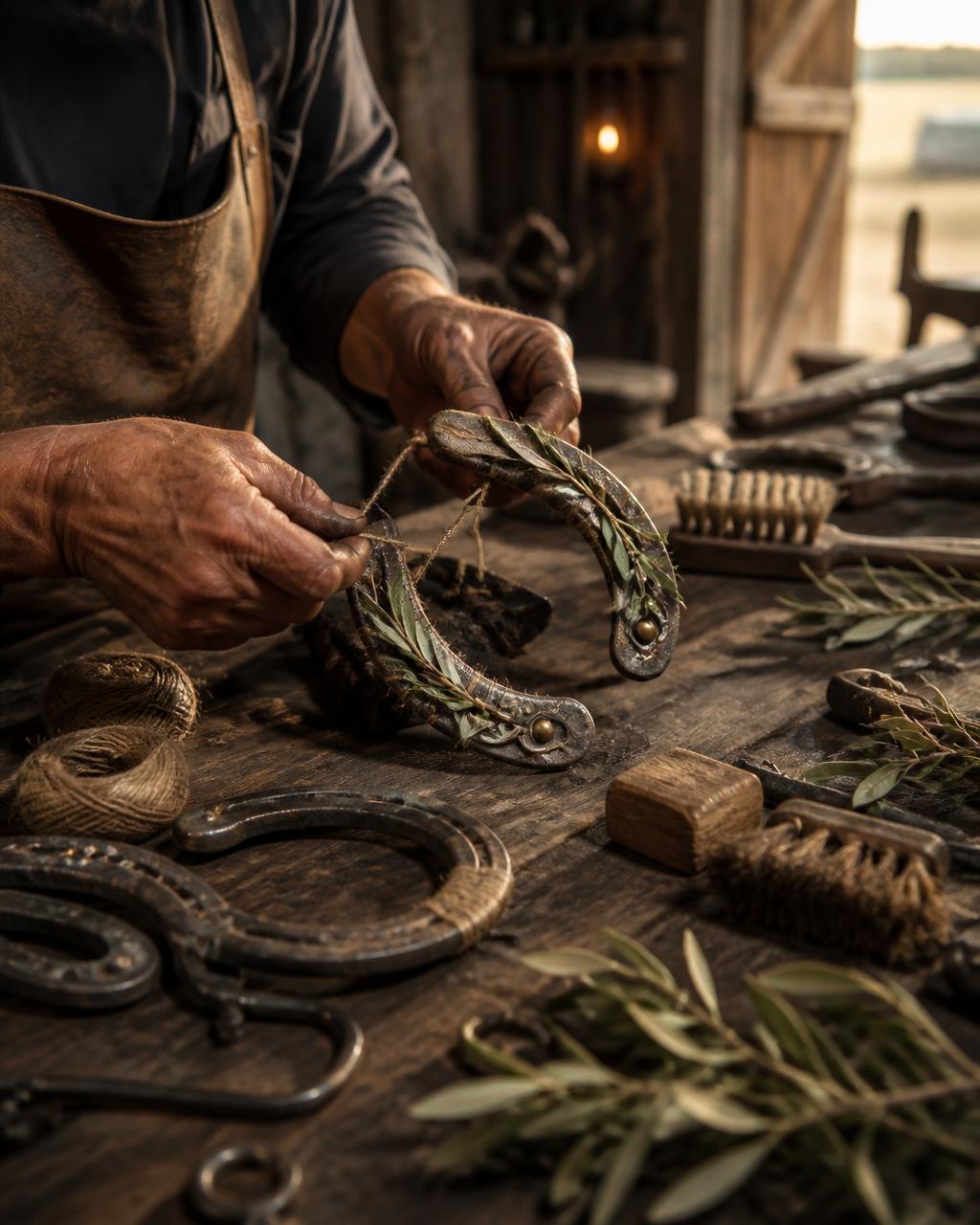 Craftsman finishing a decorated horseshoe on a rustic workbench