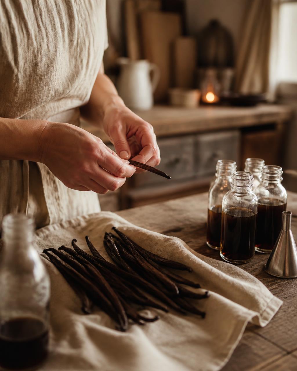 Hands splitting vanilla beans into bottles of homemade extract
